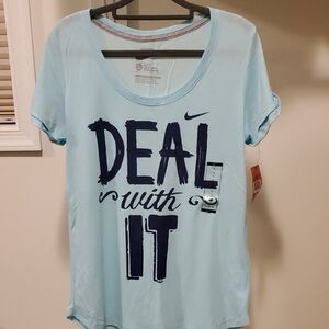 New Nike Women's Sky Blue 'Deal With It' Tee Sz Large Slim Fit